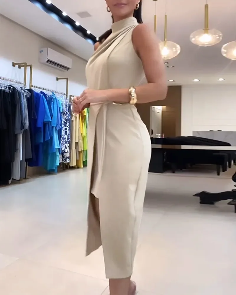 Summer New Female Fashion Pullover Hip Wrap Dresses Ruched Sleeveless Slit Fake Midi Split Dress