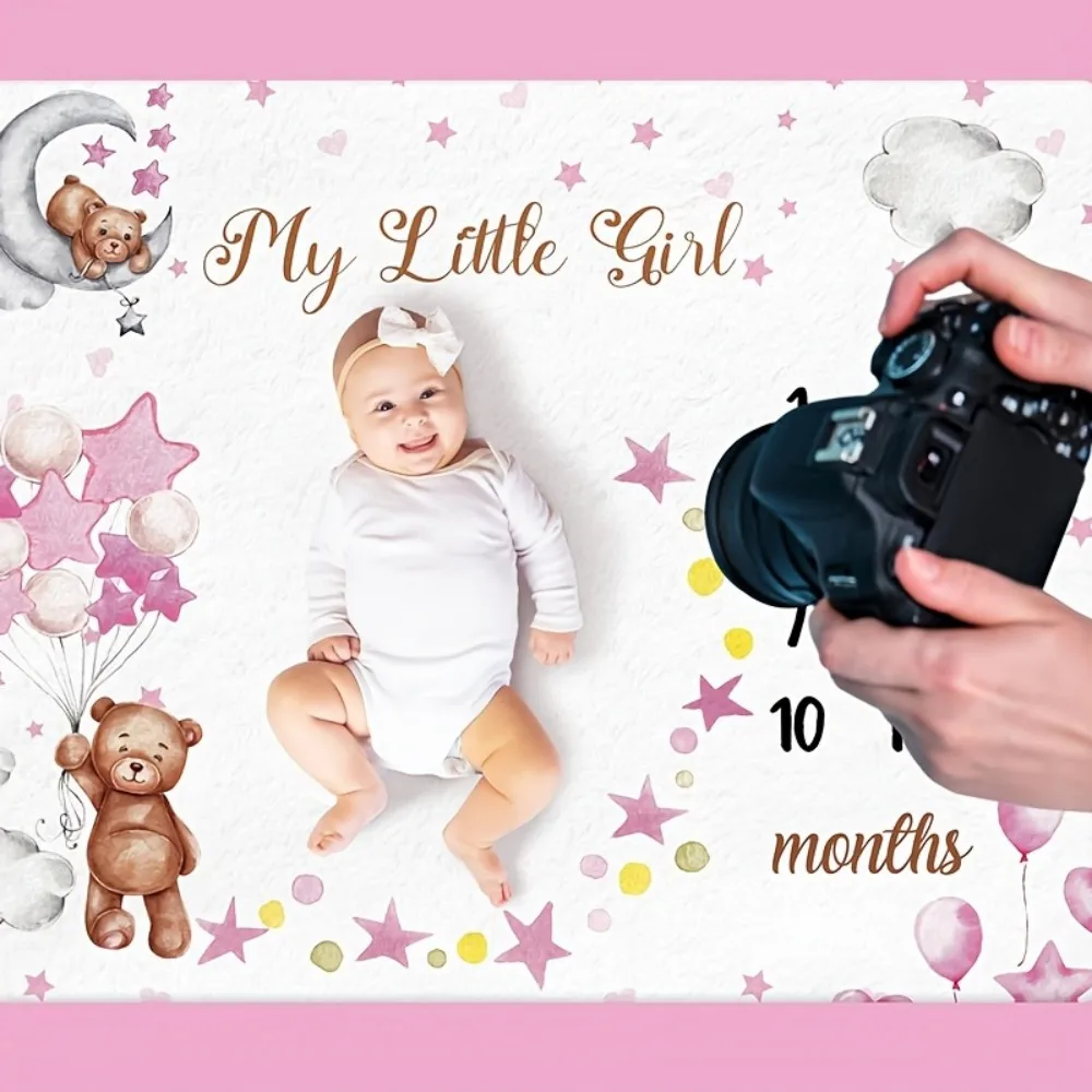 VIKAMA Cartoon Pink Bear Star Print Baby Full Moon Photography Blanket, Soft & Warm, Newborn Baptism & Growth Milestone Blanket