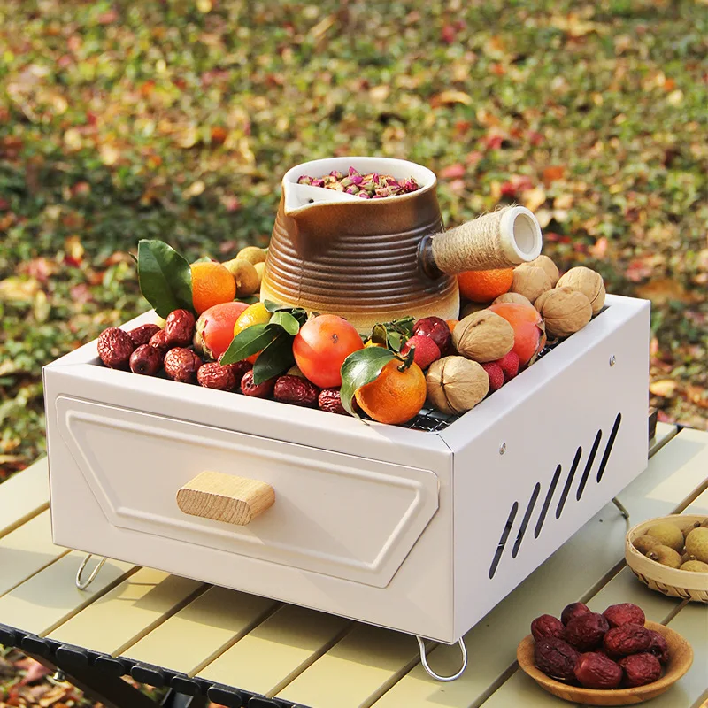 

Household camping patio grill Outdoor portable charcoal grill Black and White Square Camping Brazier for Tea Brewing