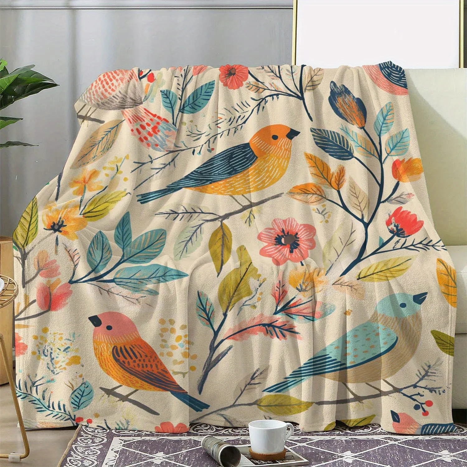 A Blanket Featuring a Vintage Floral And Bird Print, Warm, Cozy, And Soft, Suitable for Sofas, Beds, Cars, And Office Use. This