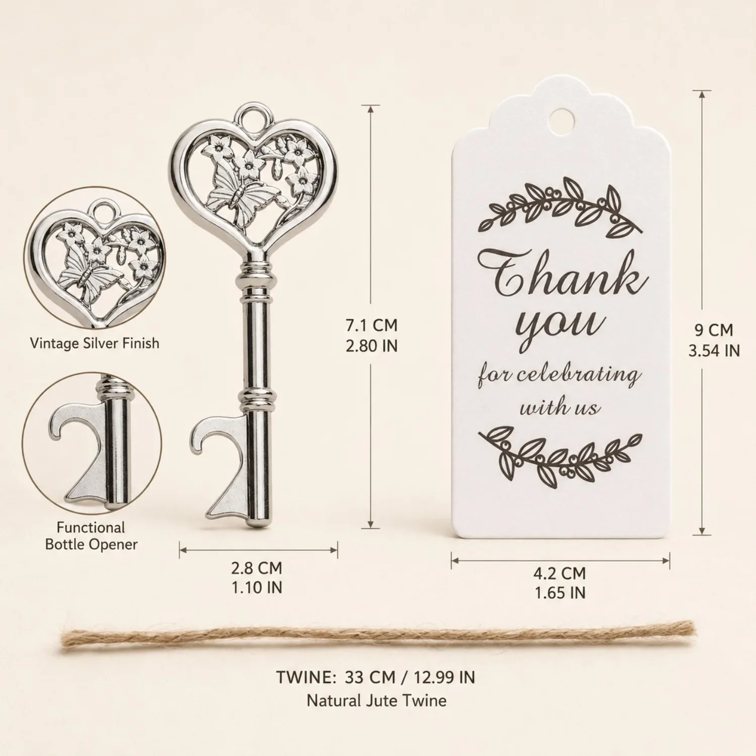 15 Sets Of Wedding Key Bottle Opener Gifts Butterfly Heart Keychain,Thank You Card And Rope Gauze Bag, Bridal Party Guest Gifts