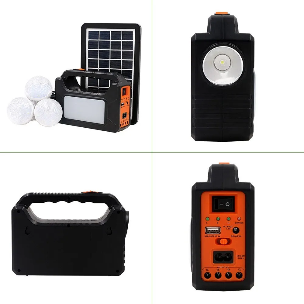 LED Flashlight Portable Generator with Solar Panels Handheld LED Lighting Energy Saving Solar Light with 3 External Light Bulbs
