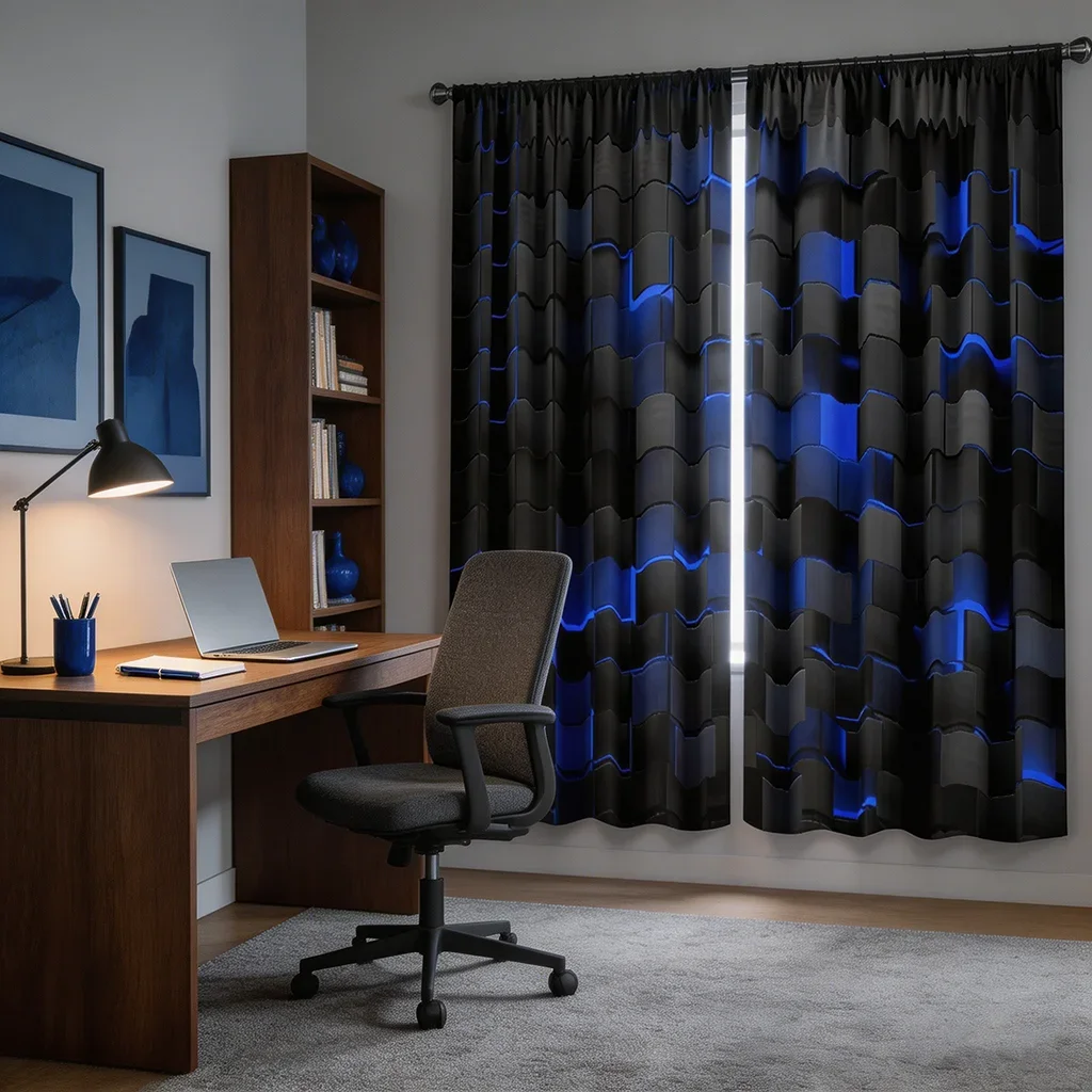 2 blue and black square patterned printed curtains with pole pockets, suitable for bedrooms and living rooms