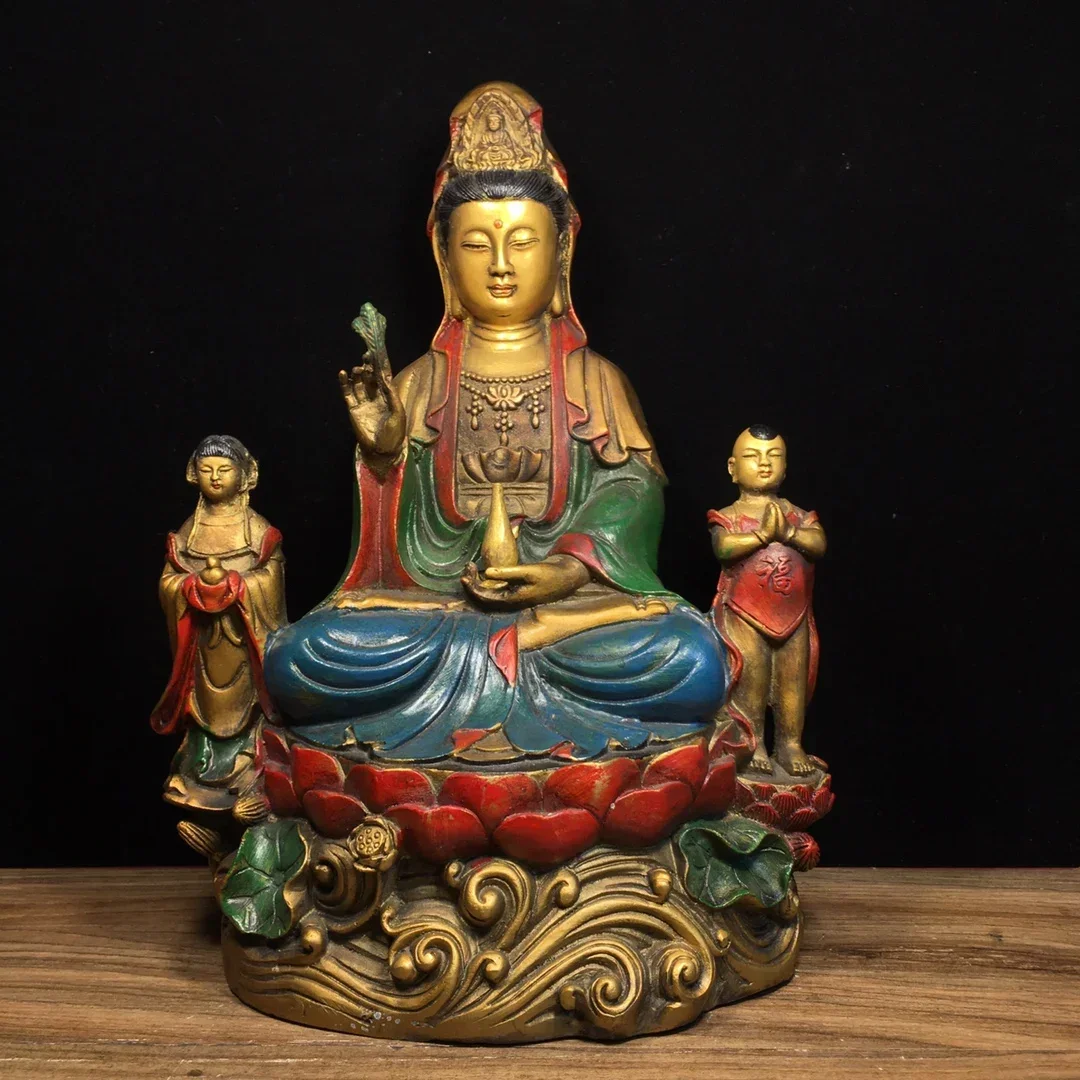 

12"Tibetan Temple Collection Old Bronze Painted Children-Sending Guanyin Bodhisattva Sitting Buddha Worship Hall Town house