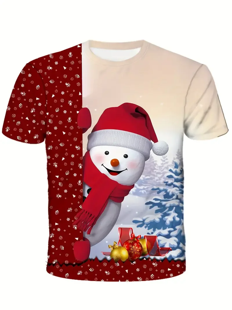 Men's 3D Snowman Pattern T-Shirt Casual Harajuku Y2k O Neck Short Sleeve Tee Top Streetwear Pullover Outdoor Oversized Clothing