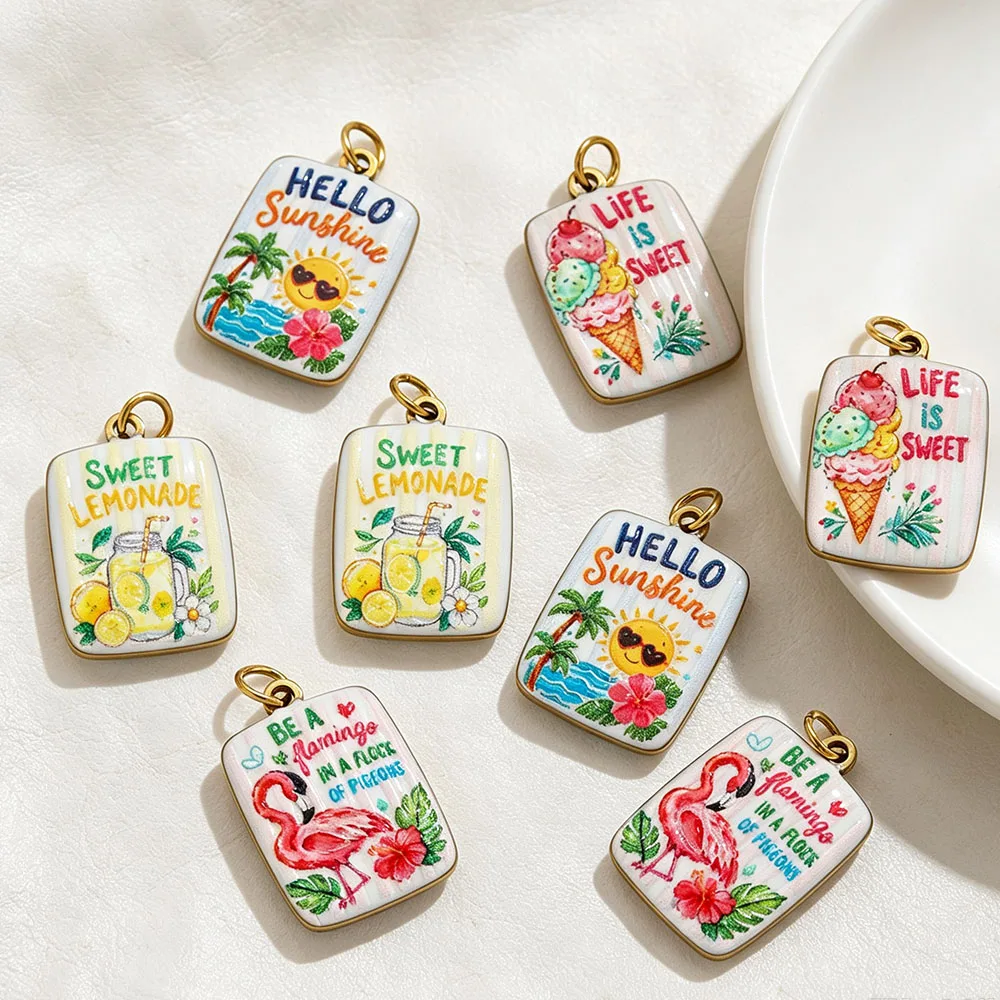 Stainless Steel Sun Flamingo Charms For Necklace Making Supplies Summer Style Enamel Pendants DIY Cartoon Charms Findings Bulk