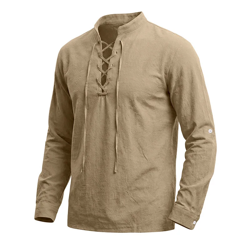 2026 Herren Vintage Mittelalterliches Leinenhemd mit Schnürung, Langarm, Henley-Ausschnitt, Locker Geschnitten, Piraten-Cosplay, Strand, Freizeit, Urlaub, Alltagshemd – Detail 15
