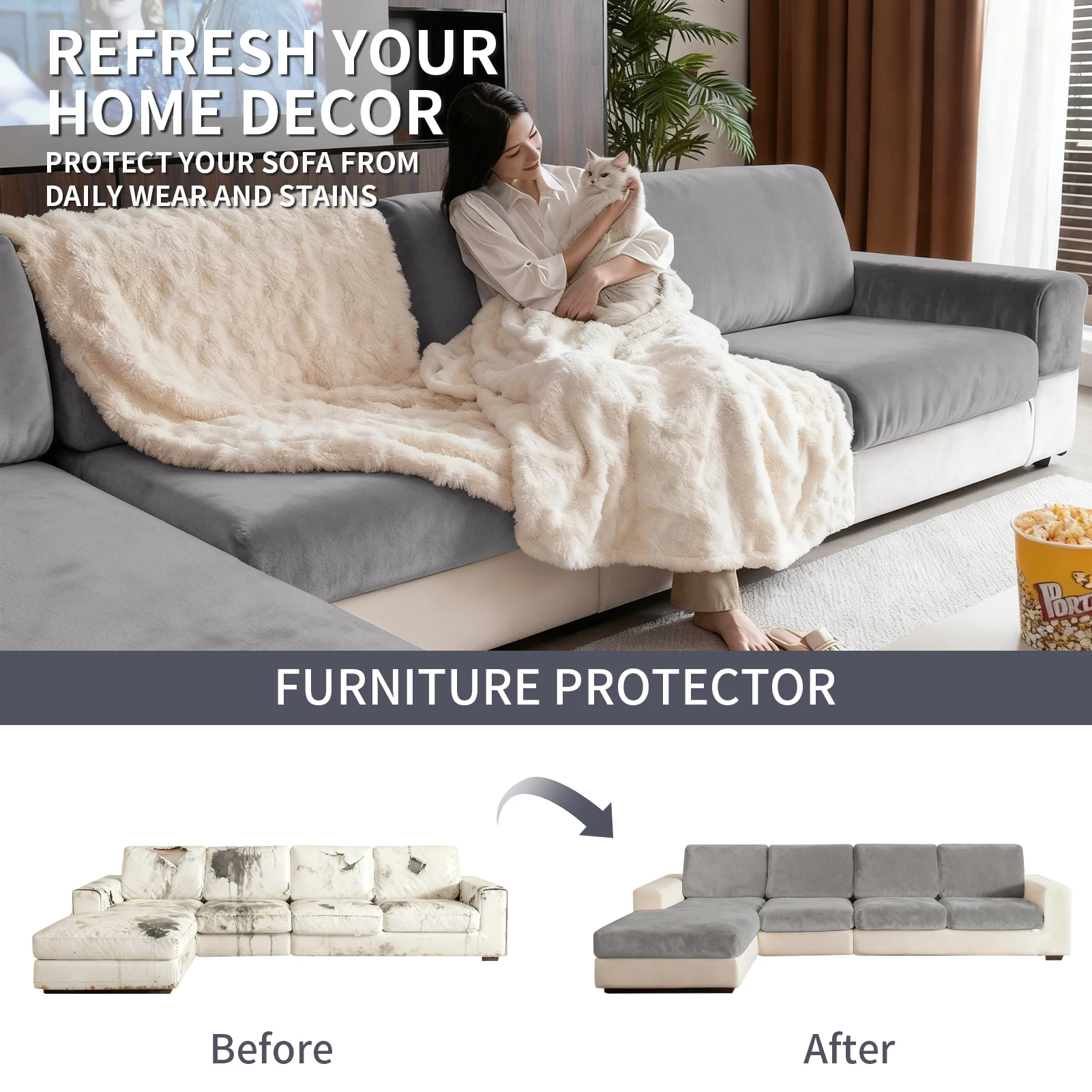 1pc Plush Sofa Seat Cushion Covers Anti-slip Elastic Slipcover for Bedroom Living Room Home Decor  L Shaped Furniture Protector