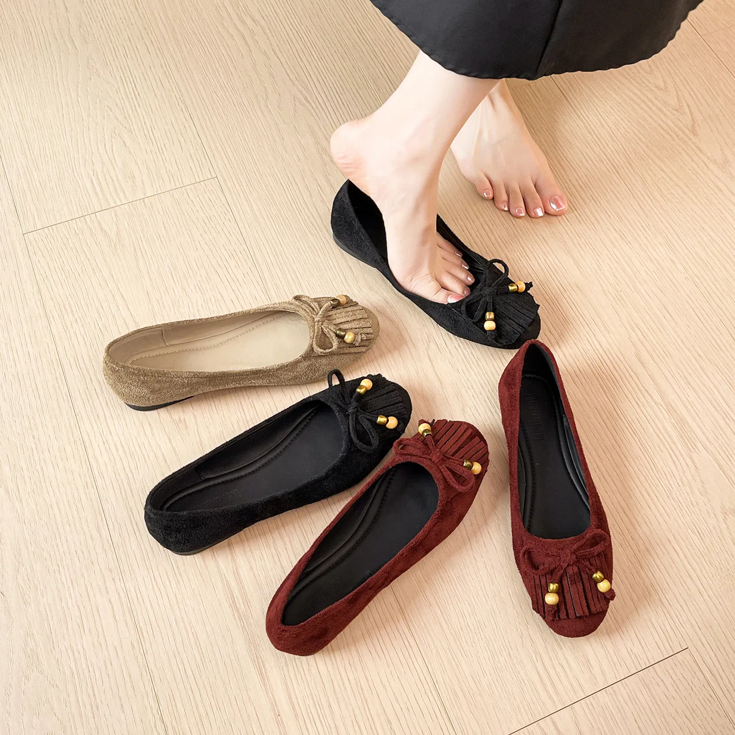 

Women Suede Tassel Round Toe Mary Jane Shoes Women Comfort Soft Sole Retro Casual Shoes Female Shallow Elegant Bow Flat Shoes