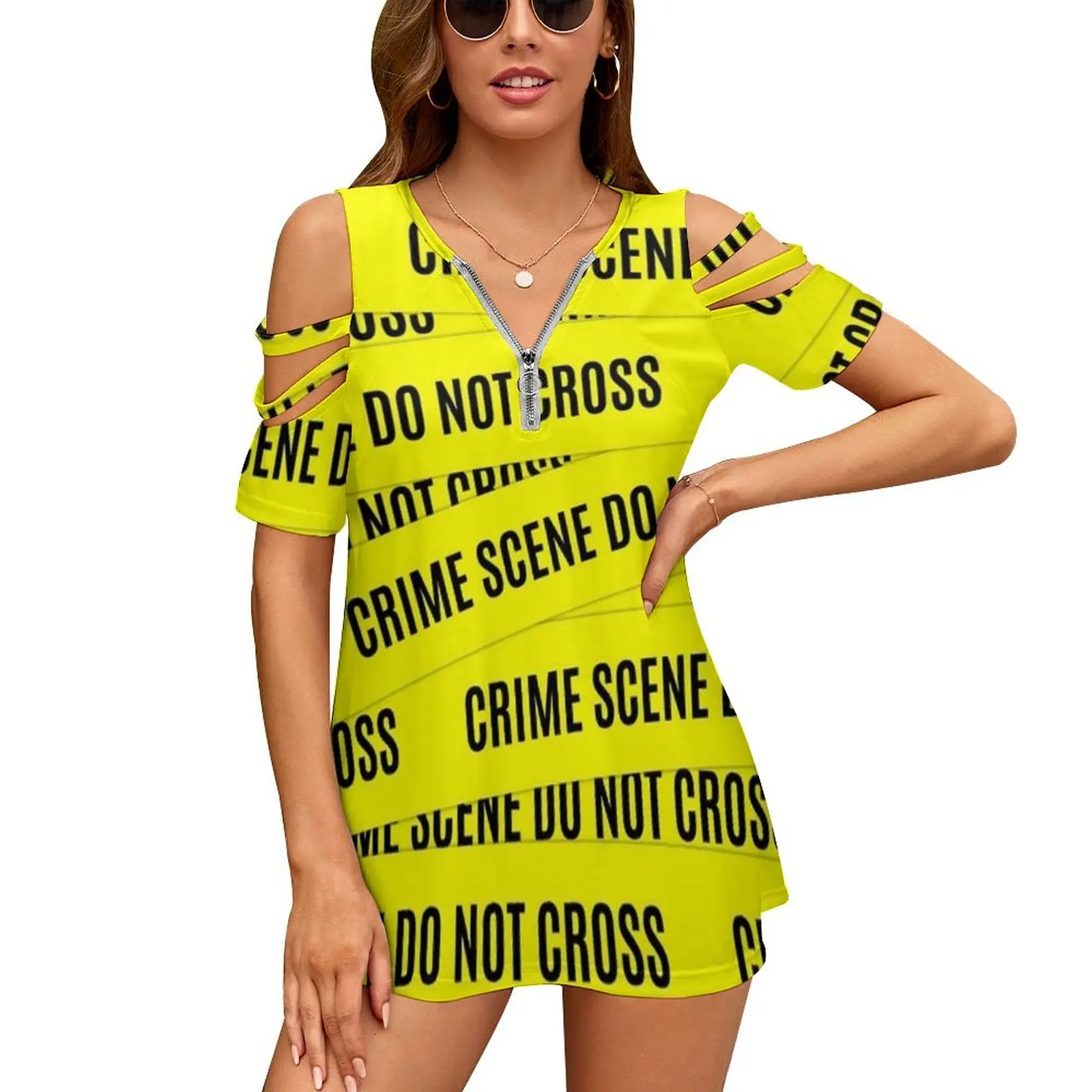 Crime Scene Tape Pattern Women'S T-Shirt New Fashion Printed Zipper V-Neck Short Sleeve T Shirts Casual Plus Size Crime Scene