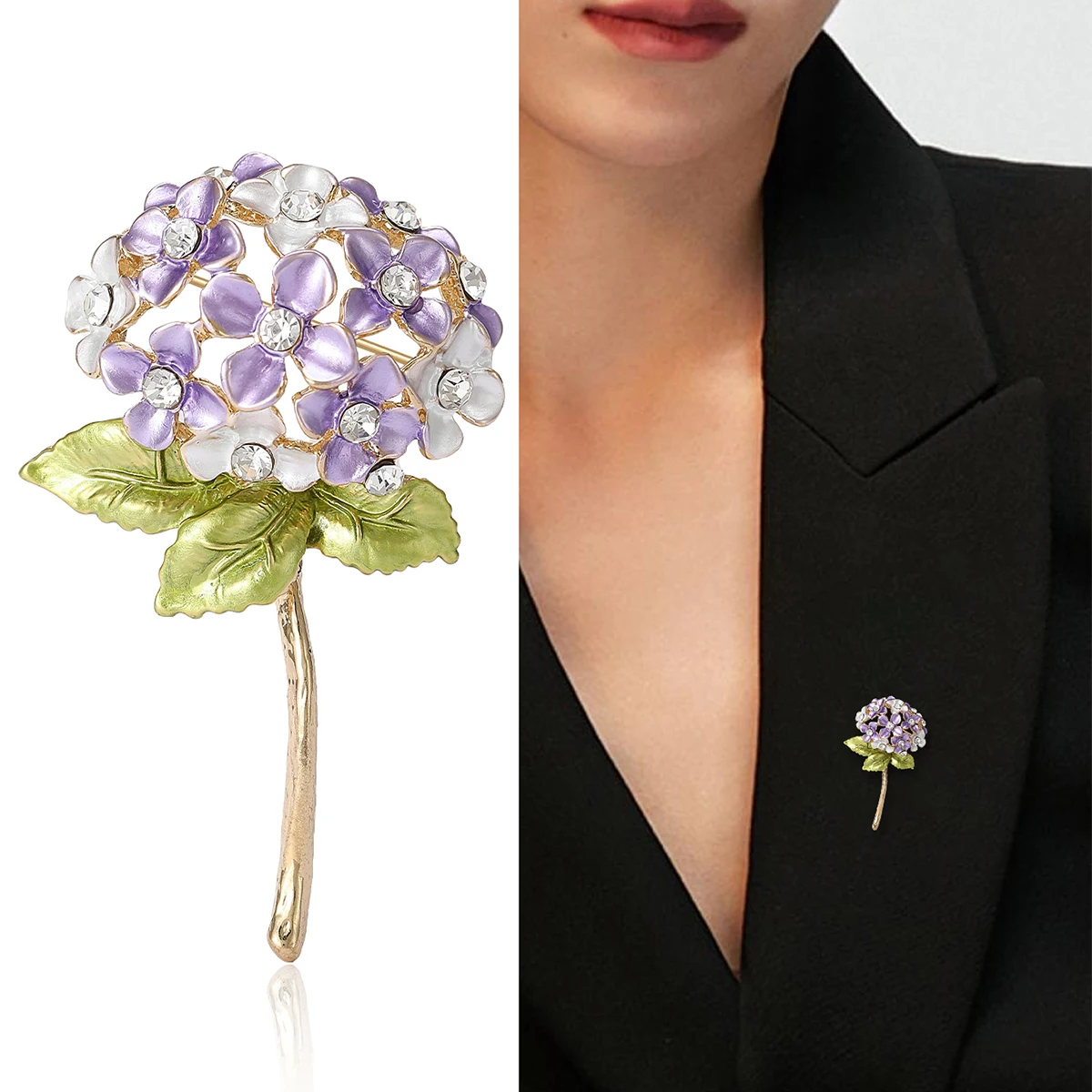 Enamel Hydrangea Brooches for Women Unisex Trendy Rhinestone Flower Pins Office Party Friend Gifts Jewelry Accessories