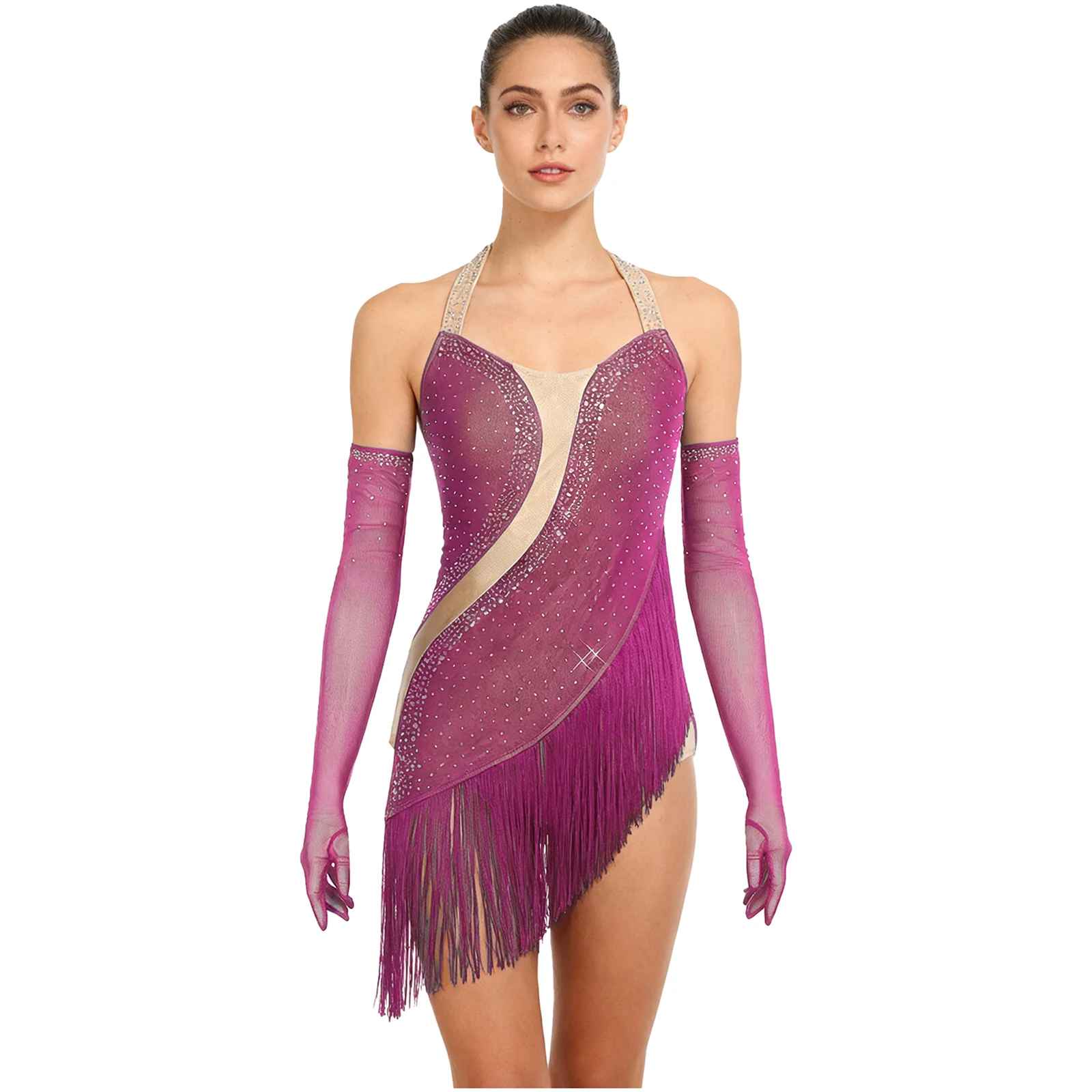 المرأة اللاتينية الرقص حجر الراين شرابة ارتداءها الرسن عارية الذراعين هامش يوتار وقفازات بذلة التانغو الجاز تشا تشا ملابس رقص #2