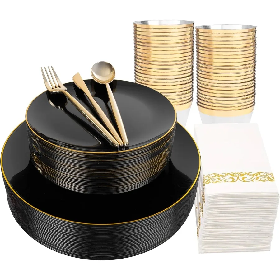

350Pcs Black and Gold Disposable Plates,Black Plates, Black and Gold Plates Include 30 Dinner,Dessert Plate,30 Cup&30 Napkins, 9