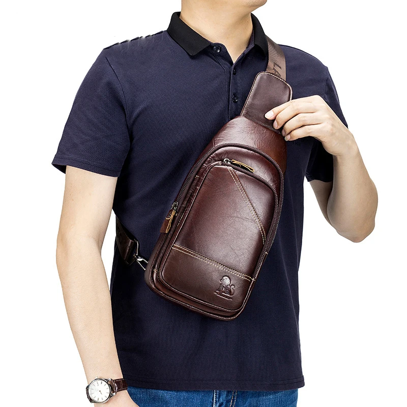 Imagem -04 - Bolsa Tiracolo de Couro Genuíno Masculina Bolsa de Ombro Única com Zíper Estojo Café Preto Casual de Couro Bolsa Nova para Seios