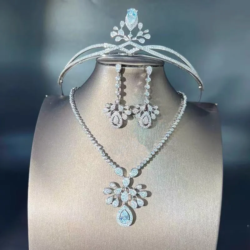 CC Wedding Tiara Jewelry Sets Engagement Accessories Women Bridal Dress Party Jewellery Silver Color Crown Necklace Earring Sets