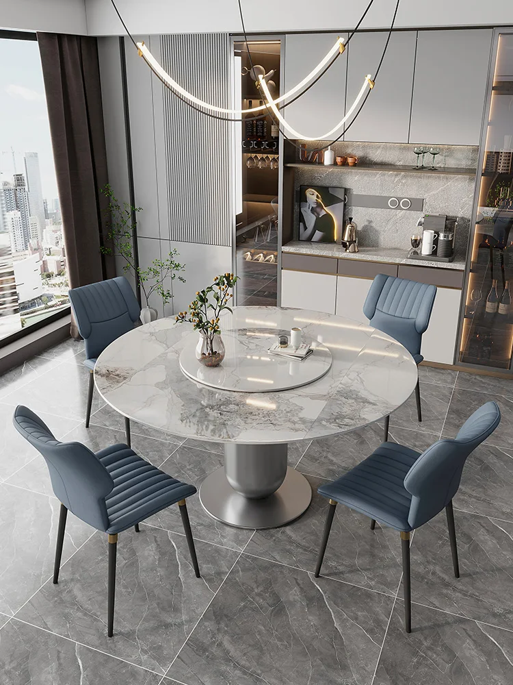 

Rock plate telescopic marble round with turntable household light luxury small household rotary folding dining table variable re