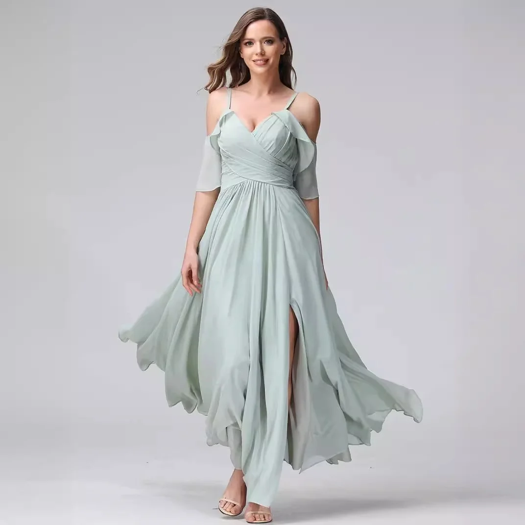 فستان سهرة جديد لعام 2025 بفتحة عالية وبدون حمالات للحفلات والأعراس، مصنوع من الحرير بياقة مستديرة وخصر متوسط، مناسب لاجتماعا...