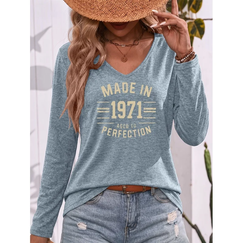 Retro Distressed Faded MADE IN 1971 AGED TO PERFECTION Graphic V Neck Long Sleeve T Shirt Comfortable Soft Breathable Fall Winte