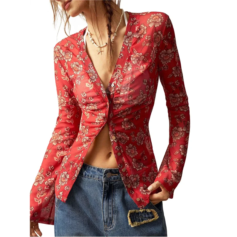 A09P Chemises à manches longues pour femmes, chemisiers Boho à imprimé floral, boutonné, col en V, hauts ajustés