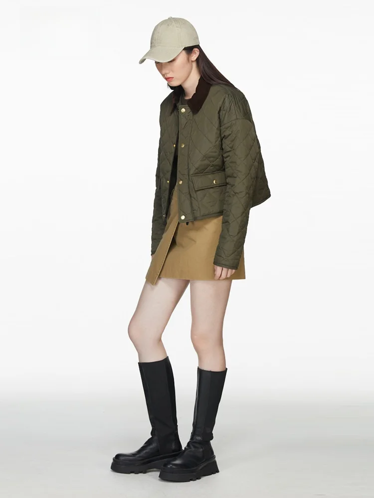 Lightweight Short Cotton Jacket Women's Quilted Corduroy Stand Collar Spring Autumn Thin American Retro Military Green Cotton...