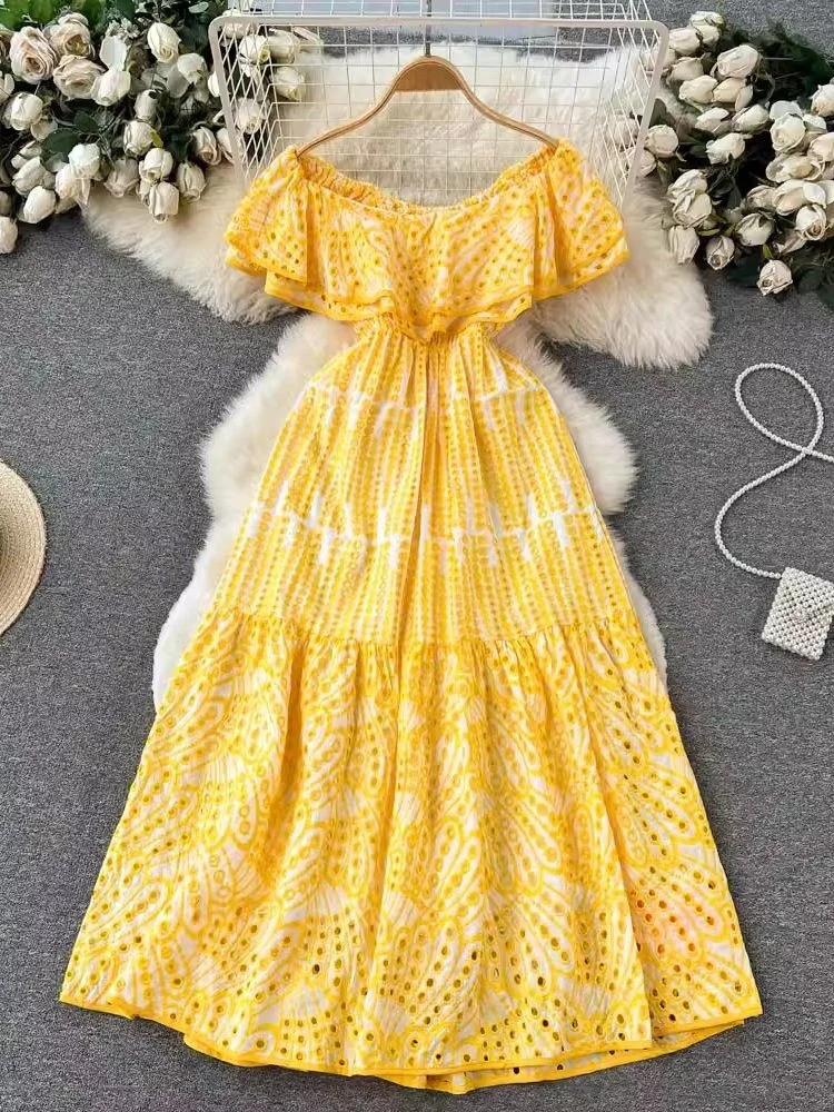 Summer Embroidery Dress Women Sexy Cut Out Shoulder Off Layers Ruffles Elastic Waist Holiday Long Vestidos Beach Big Size Slim