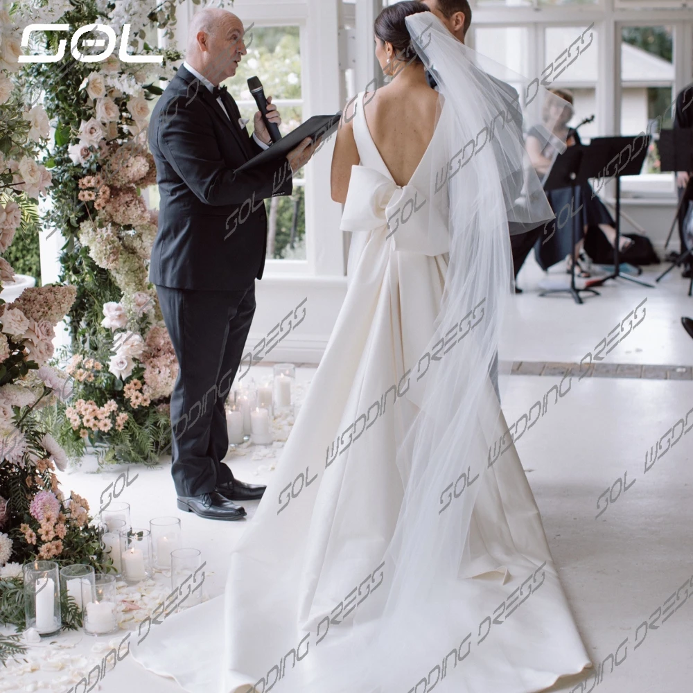 Vestido De novia De satén con cuello en V y tirantes finos para mujer, vestido De novia De línea a con lazo grande, Espalda descubierta, Simple, Sol