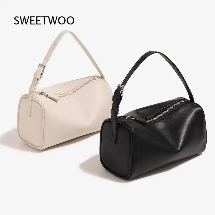 Women Mini Cylinder Underarm Bag Smooth PU Leather Zipper Adjustable Thin Strap Shoulder Handbag
