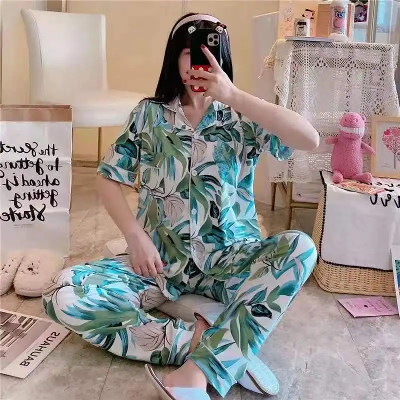 Spring and summer milk silk pajamas women's short sleeved trousers home wear 2024 new large print casual lovely sweet suit