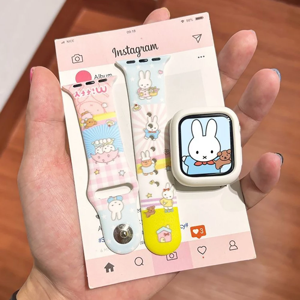 Kawaii Miffy Iwatch S1/2/3/4/5/6/7/8/9/10/SE/Ultra Silicone Strap Apple Watch Band Cute Rabbit Protective Case Durable Girl Gift