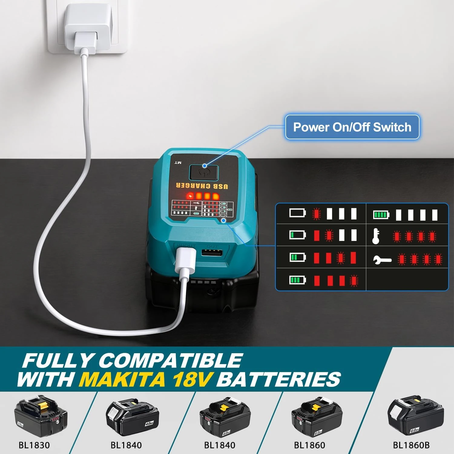 100W USB-C-Ladegerät passend für Makita 18V-Akku, Netzadapter mit USB-A-Anschluss, Ladehub für Handys & Tablets (nur Werkzeug) – Detail 3
