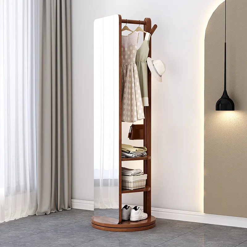 

Full-length mirror Floor-to-ceiling mirror Home full-length mirror Bedroom rotatable movable solid wood with hanger integrated