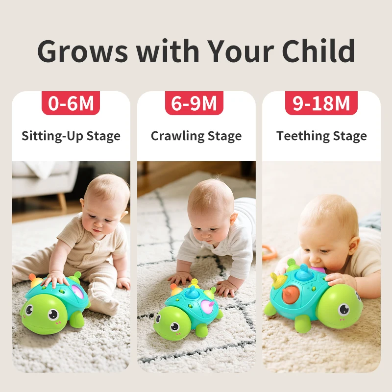 A Popular Overseas Bestseller: Electric Omnidirectional Crawling Turtle Baby Toy, Suitable for Babies over 3 Months, Sensory Toy with Bubble Silicone Teether, with Lights and Music, White Noise Soothing Toy, Obstacle-A