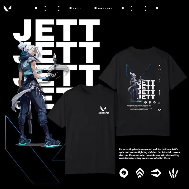 Valorant Jett T-shirt, Agent, Duelist, Clothing, Gamer Tee, Gaming Apparel, Esports Shirt