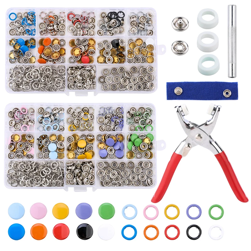 100/200 Sets Snap Fasteners Kit Tool, Metal Snap Buttons Rings with Fastener Pliers Press Tool Kit for Clothing Sewing 10 Colors