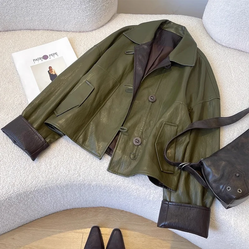 

2025 Autumn New Sle Women's ort Leather Jaet Color Blo Design Versatile Biker Coat Long Sve Collar Regular Fit