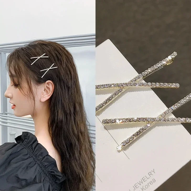 New 2pcs Cross Crystal Hairpins Rhinestone X Hair Clips Barrettes Simple Side Clip Bridal Headwear Girl Fashion Hair Accessories