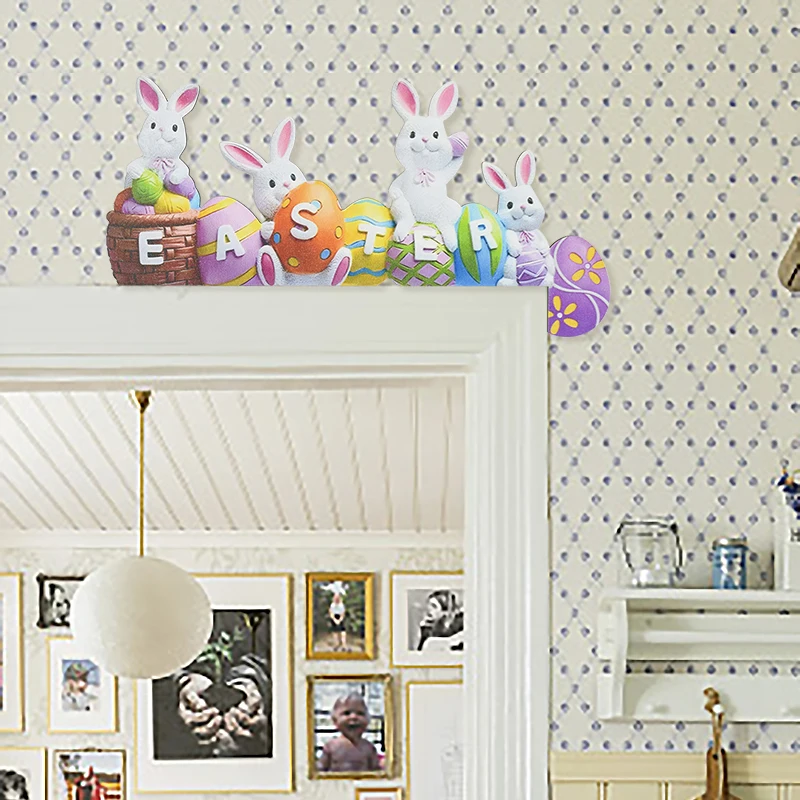 Easter Door Frame Decoration Cartoon Cute Little Rabbit Happy Easter Hello Spring Striped Egg Carrot Decor Easter Party supplies