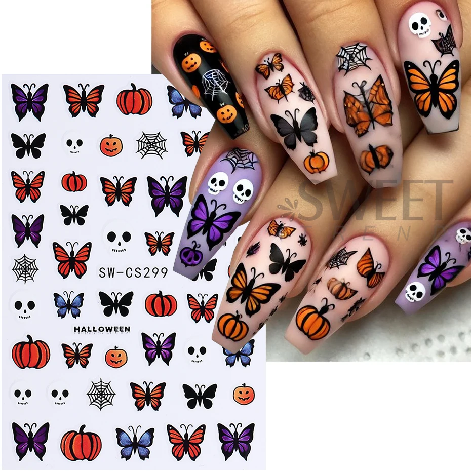 3 stücke Halloween Kürbis Nagel Aufkleber 3D Selbstklebende Cartoon Schädel Spinne Web Schmetterling Fledermaus Nagel Aufkleber DIY Maniküre Dekoration