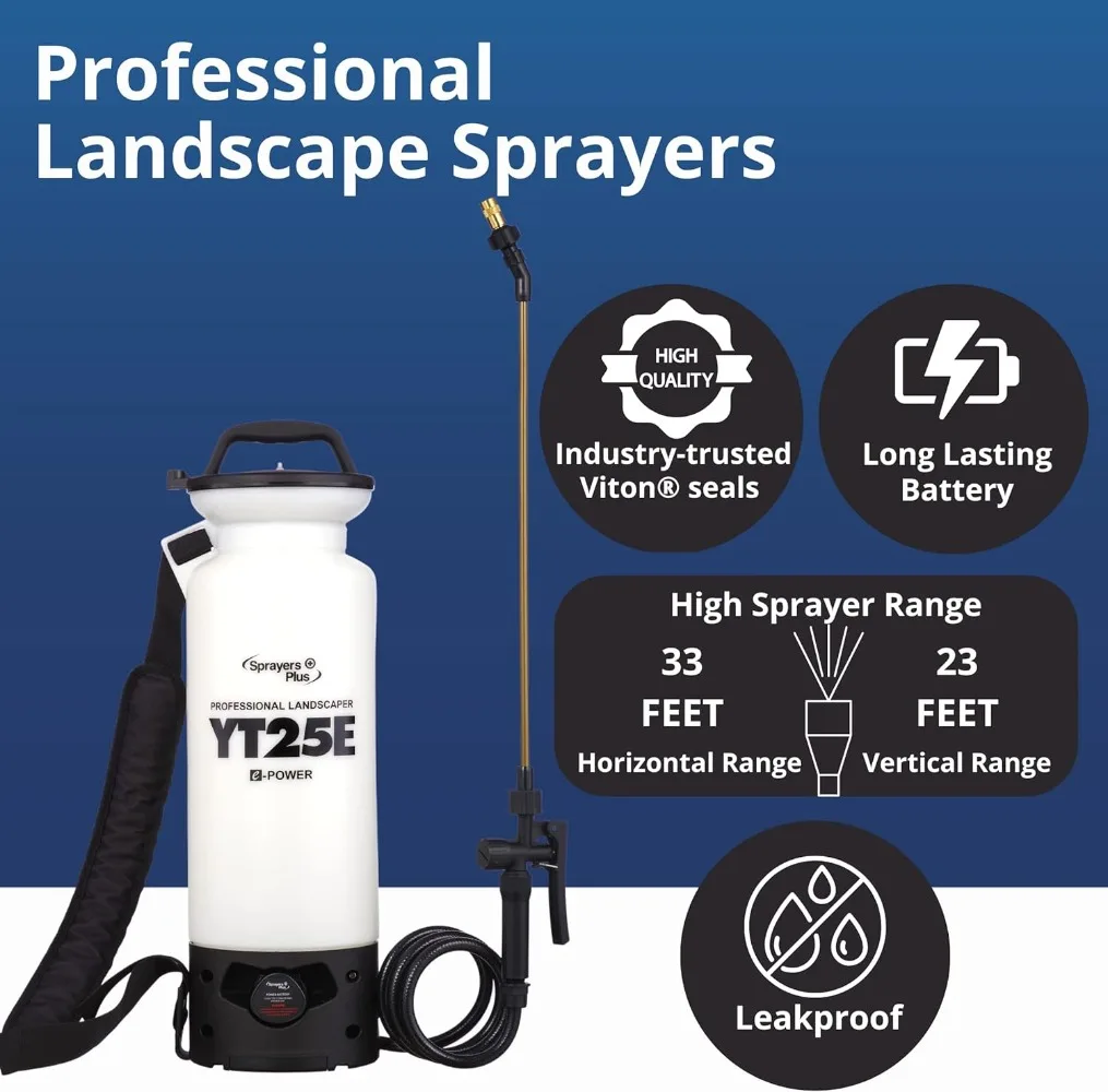 YT25E Battery Sprayer - 12V Lithium-ion with Viton Seals & O-Ring, Brass Wand & Nozzle & Shoulder Strap, 2 Gallon