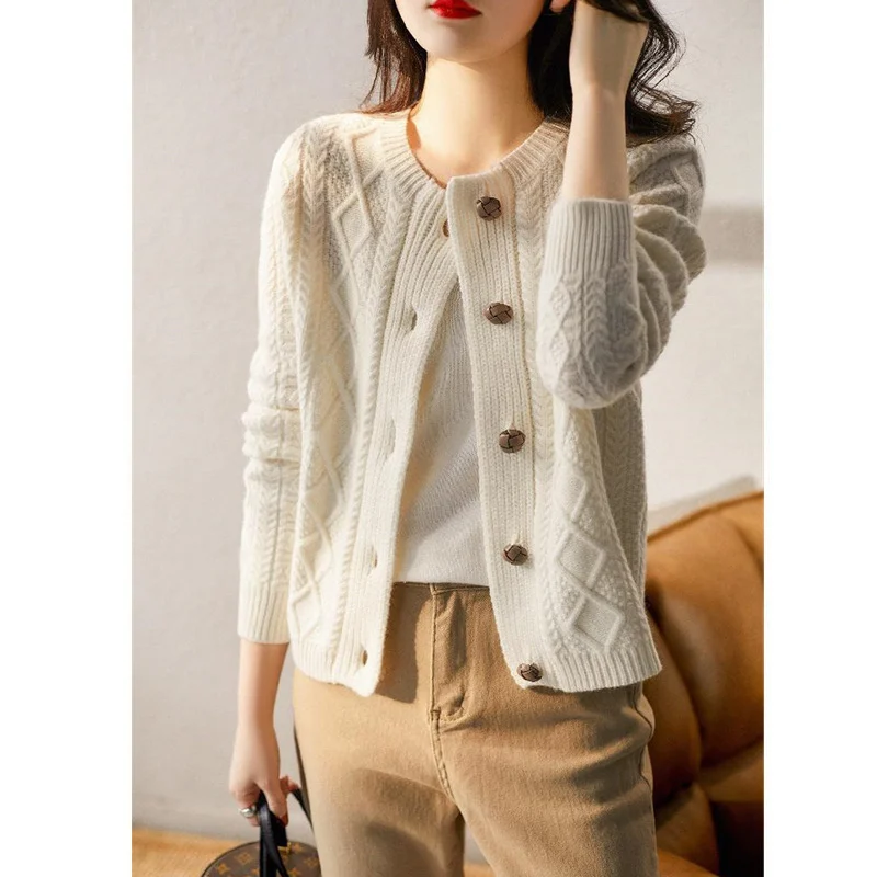 2022 Autumn Winter Women Korean Fashion Vintage Chic Twisted Solid Color Thick Knitted Sweater Cardigan Buttons Long Sleeve Coat