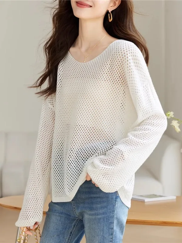 Ladies' Summer 2025 New Style Short Loose Knitted Sweater Half Transparent Hollow out Outerwear Top Korean Version Commute Style