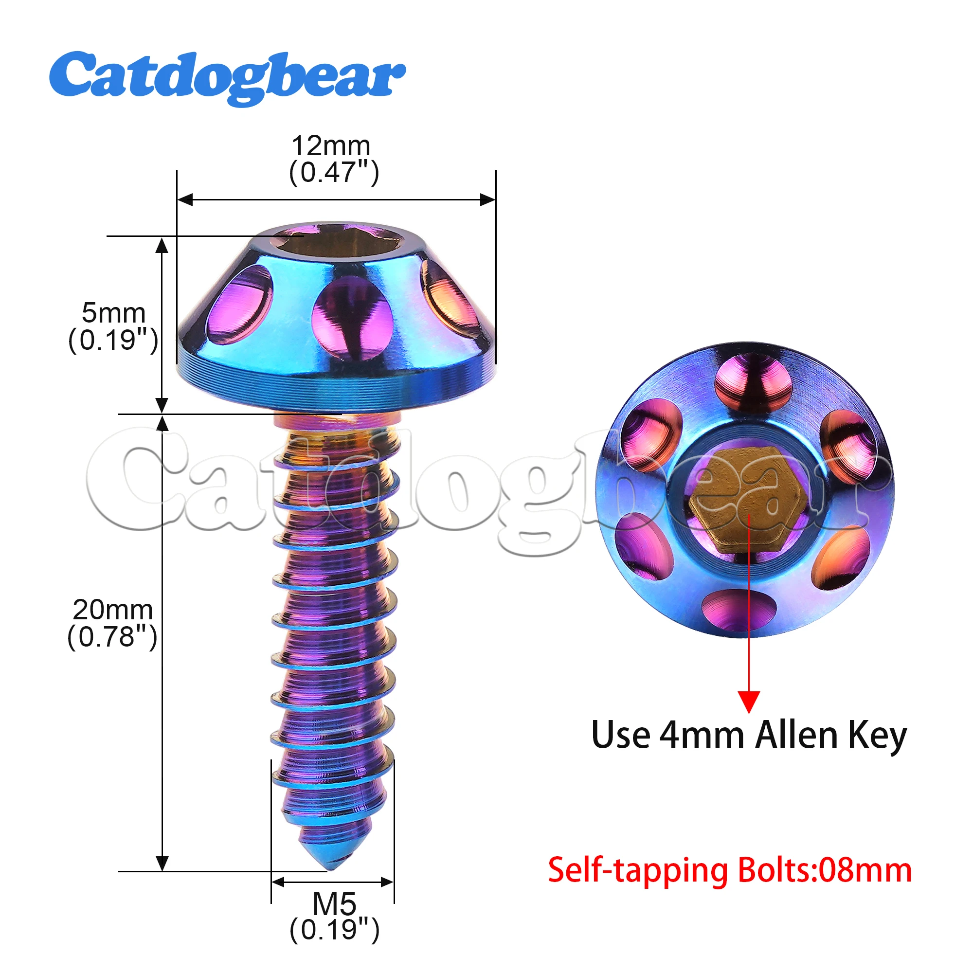 Catdogbear Titanium Alloy Bolt M5x20MM Large Head Self Tapping Drilling Hexagonal Bicycle Motorcycle Screw