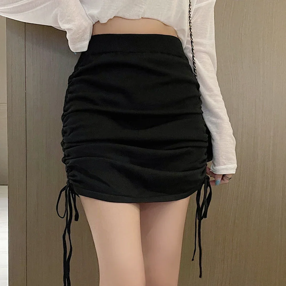 Style coréen femmes cordon jupes taille haute a-ligne robes plaine tout-Match décontracté plissé cordon hanche jupe robes