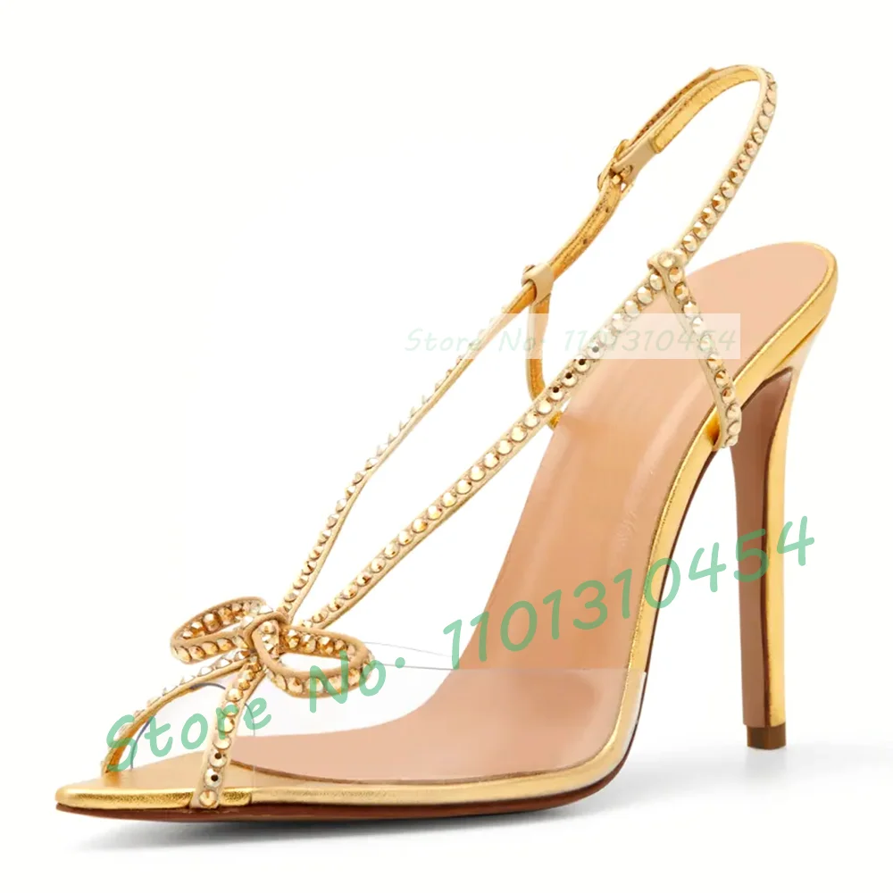 Crystal Bow Slingback Sandals Women Sweet Luxury See-through Pvc High Heels Shoes Summer Peep Toe Elegant Party Clear Pumps