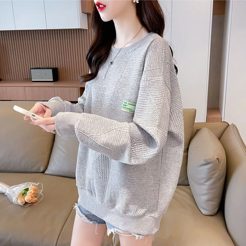 New Spring and Autumn Fashion Korean Edition Solid Waffle Round Neck Loose Versatile Simple Slim Women\'s Long Sleeve Sweater