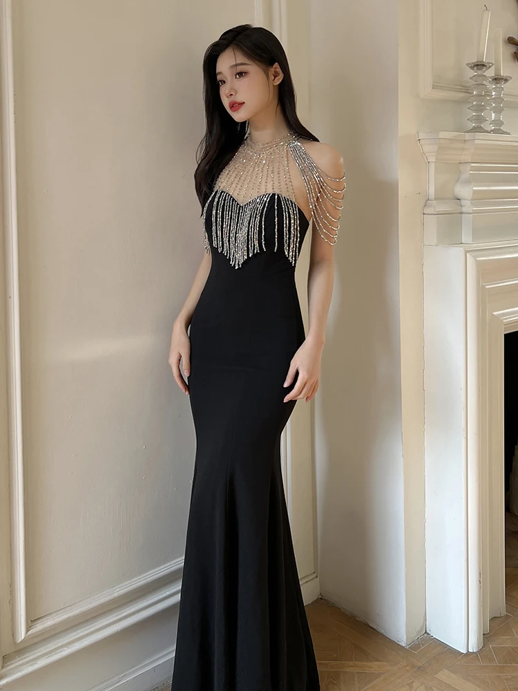 

Элегантное бархатное вечернее платье-русалка Ele Bla для женщин, роскошное корейское длинное платье с бисером для новогодних торжеств