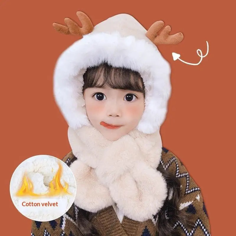 1PC 2 In1 Cartoon Baby Plush Hat Scarf Winter Warm Ear Protection Cap Scarves For Kids Boy Girl Cute Deer Beanies Cap