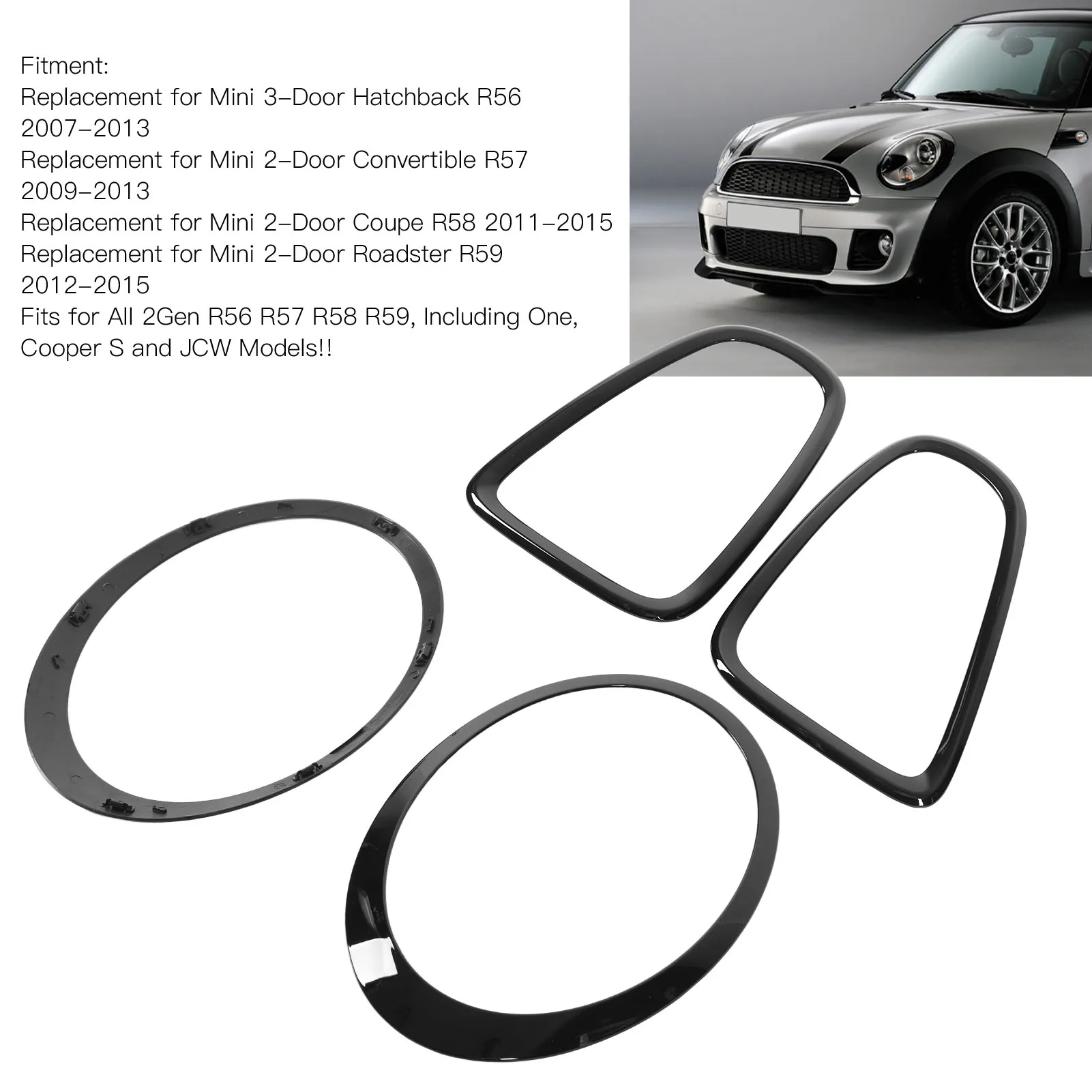 4pcs Gloss Black Headlight Taillight Surround Cover Trims Replacement for Mini R56 R57 R58 R59 Cooper S JCW 2007‑2015