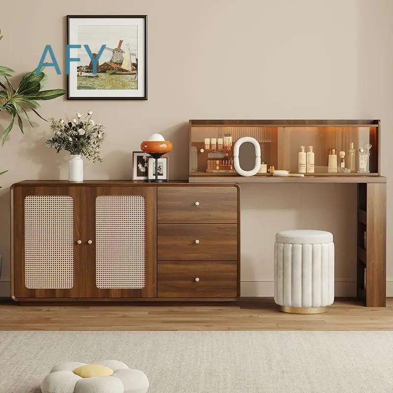Rattan Vintage Wooden Dresser with Storage Drawers for Bedroom Modern Extendable Corner Vanity Table for 2024 Home Decor