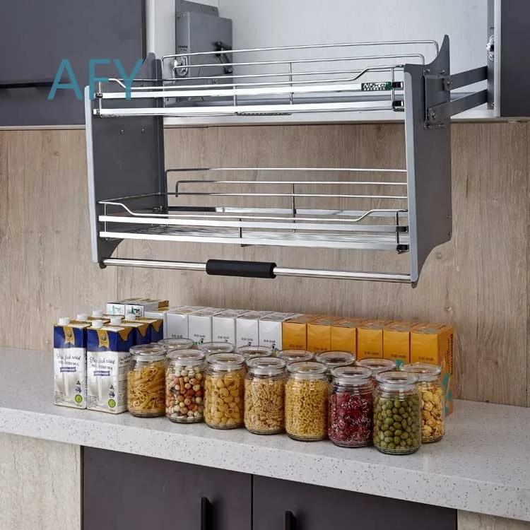 Kitchen Cabinet Lift Up Pull Down Storage Basket for Flat Wire Organizers for Kitchenware Storage Solutions Vertical Space